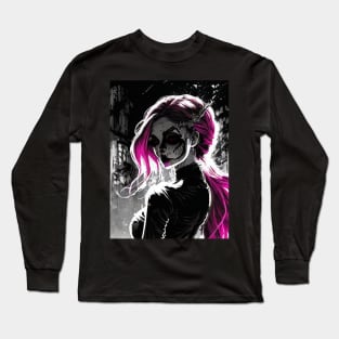 Shades of Mystery: Captivating Black and White Anime Girl Renderings Horror Goth Gothic Dark Pink Hair Fashion Long Sleeve T-Shirt